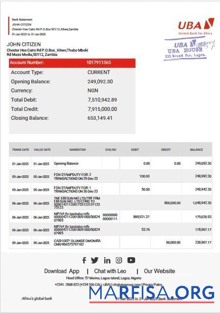 Downloadable Zambia United Bank for Africa bank statement word example